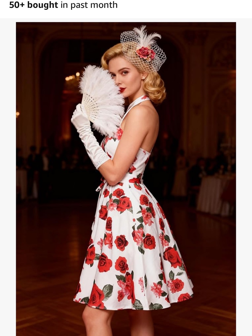 Halter retro cocktail dress red floral print, size medium